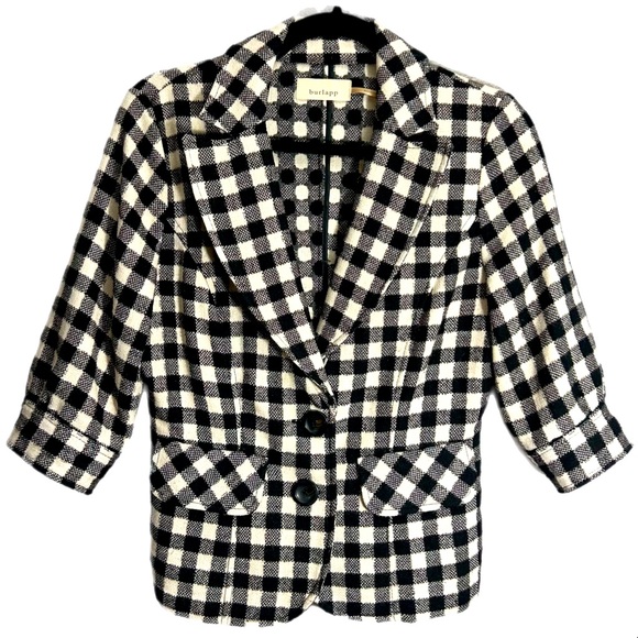 Anthropologie Burlapp Size 4 Wool Blend Black and cream checkered jacket - Picture 1 of 16
